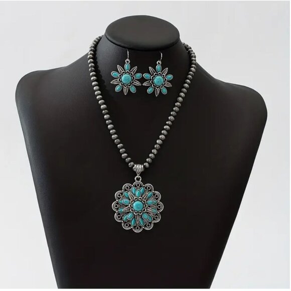 Boho Silver-Tone Floral Imitation Turquoise Necklace & Earrings Set - Picture 1 of 2
